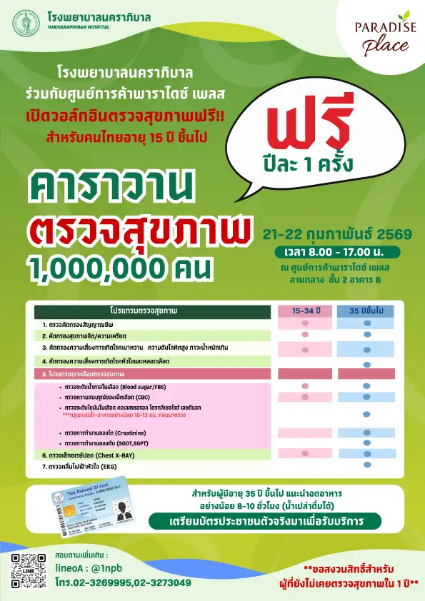 รู้ก่อน ป้องกันได้! พาราไดซ์ เพลส ร่วม รพ.นคราภิบาล เปิดวอล์กอินตรวจสุขภาพฟรี 21-22 ก.พ.นี้
