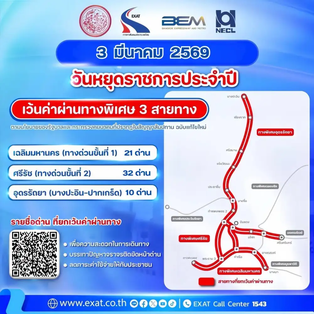 ขึ้นทางด่วนฟรี 3 สายทางในวันมาฆบูชา(3 มี.ค.)
