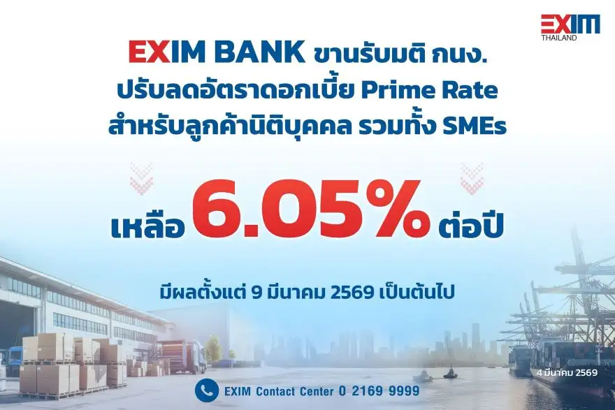 EXIM BANK ขานรับมติ กนง. ลดดอกเบี้ย Prime Rate เหลือ 6.05% มีผล 9 มี.ค.