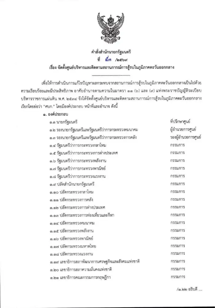 นายกฯ ตั้งศูนย์บริหารติดตามสถานการณ์สู้รบในตะวันออกกลาง มอบ 