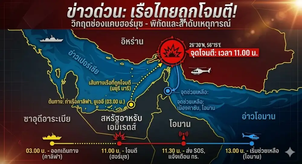ศบก. แจงเหตุเรือสินค้าไทยถูกโจมตีช่องแคบฮอร์มุซ ช่วยลูกเรือแล้ว 20 คน ยังค้นหาอีก 3 คน