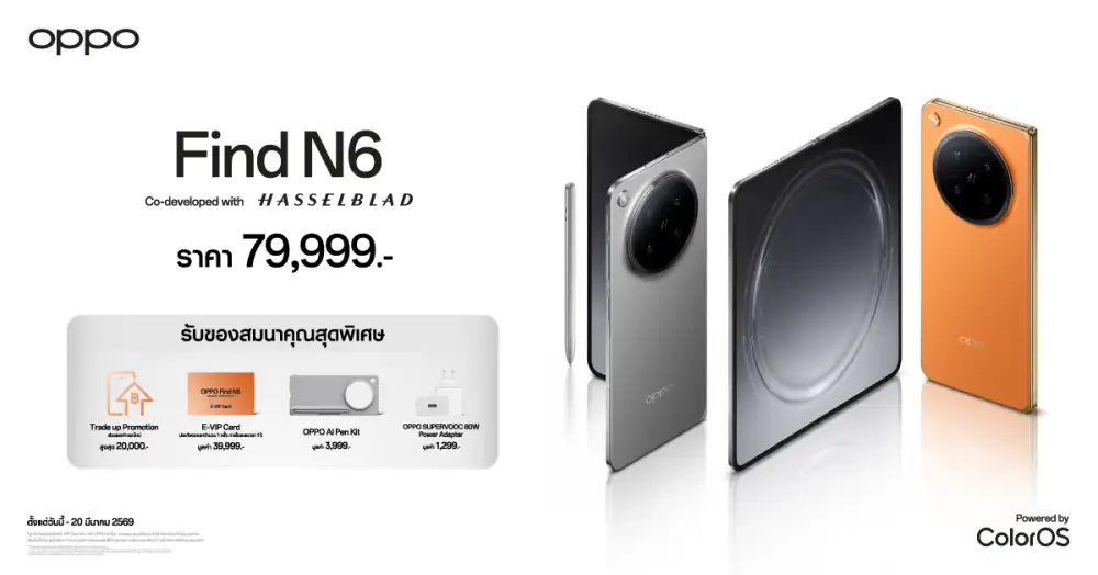 เปิดตัวแล้วอย่างเป็นทางการ OPPO Find N6 สมาร์ตโฟนจอพับเรียบกว่า อิสระกว่า ทรงพลังทุกมิติ ในราคา 79,999 บาท