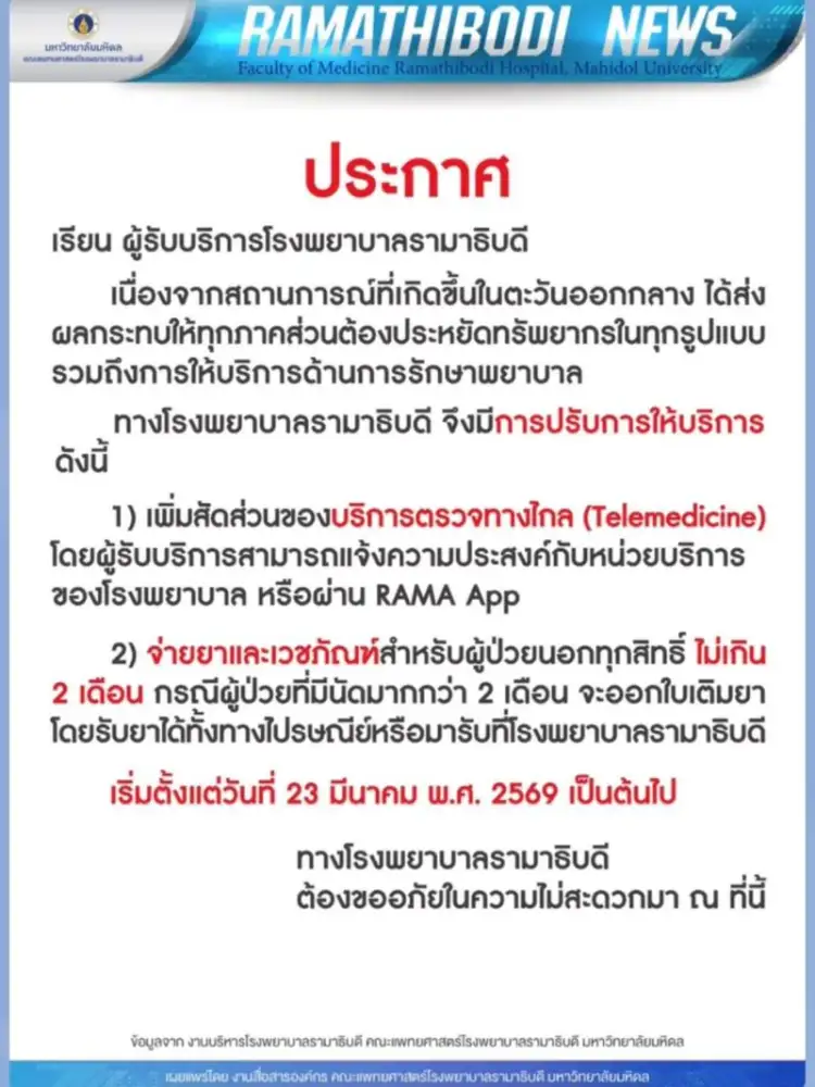 พิษสงคราม!! รพ.รามาฯ ปรับบริการจ่ายยาแค่ 2 เดือน-เพิ่มตรวจทางไกล เริ่ม 23 มี.ค.