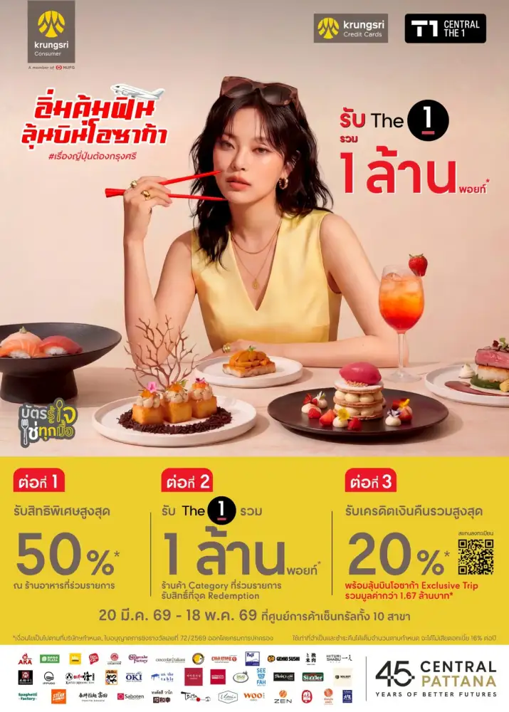 'อิ่มคุ้มฟิน ลุ้นบินโอซาก้า' แคมเปญล่าสุด จากเซ็นทรัลพัฒนา, บัตรเครดิต กรุงศรี และบัตรเครดิต เซ็นทรัล เดอะวัน ชวนสายอีทอร่อยคุ้ม พร้อมลุ้นทริปญี่ปุ่น