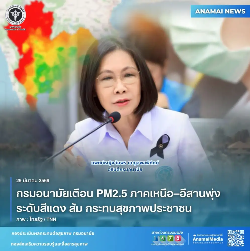 กรมอนามัยเตือน PM2.5 ภาคเหนือ-อีสานพุ่งระดับสีแดง ส้ม กระทบสุขภาพประชาชน