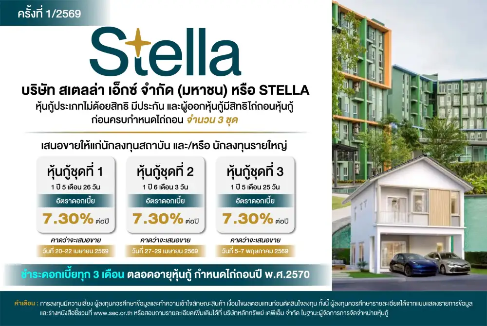 STELLA จ่อออกหุ้นกู้มีประกัน 3 ชุดราว 412 ลบ.เสิร์ฟดอกเบี้ย 7.30% ทยอยเปิดขาย 20 เม.ย.-7 พ.ค.