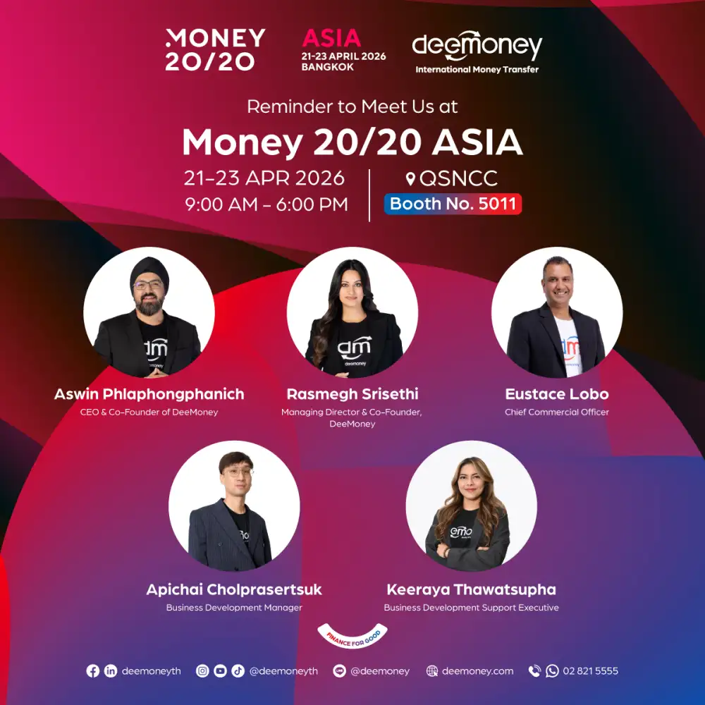 DeeMoney ร่วมขับเคลื่อน 1 ใน 3 ของธุรกรรมการโอนเงินขาเข้าในประเทศไทย เน้นย้ำศักยภาพโครงสร้างพื้นฐานด้านการชำระเงินระหว่างประเทศ ณ งาน Money20/20 Asia 2026
