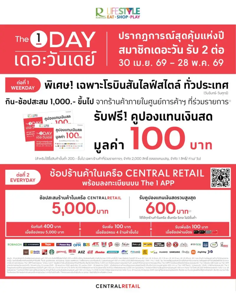 โรบินสันไลฟ์สไตล์ ผนึก The 1 จัดเต็มความคุ้มค่าทุกการช้อป แจกคูปองส่วนลดฟรีทุกวัน ตั้งแต่วันที่ 30 เม.ย. 69 - 28 พ.ค. 69 เฉพาะที่โรบินสันไลฟ์สไตล์ทั่วประเทศ