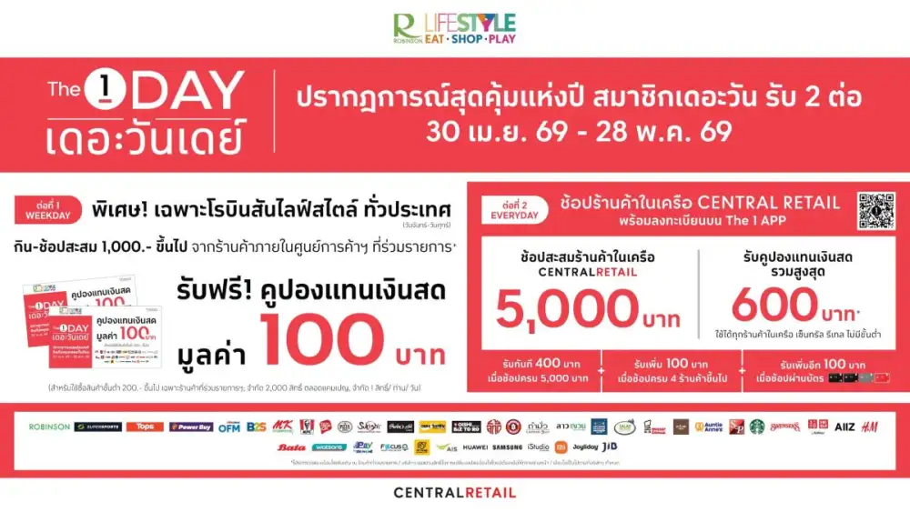 โรบินสันไลฟ์สไตล์ ผนึก The 1 จัดเต็มความคุ้มค่าทุกการช้อป แจกคูปองส่วนลดฟรีทุกวัน ตั้งแต่วันที่ 30 เม.ย. 69 - 28 พ.ค. 69 เฉพาะที่โรบินสันไลฟ์สไตล์ทั่วประเทศ