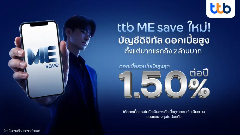 TTB เปิดตัวบัญชีดิจิทัล ttb ME save รูปแบบใหม่ ดอกเบี้ยสูงสุด 1.50% ถอนเมื่อไหร่ก็ได้
