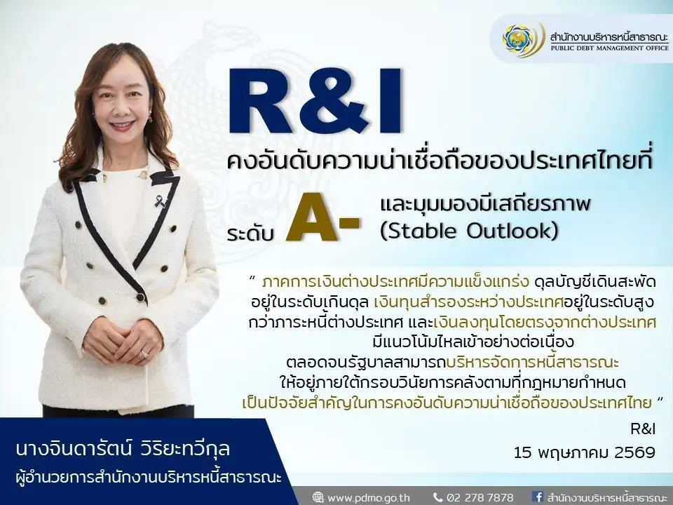 R&I คงอันดับความน่าเชื่อถือไทยที่ A- พร้อมคงมุมมองประเทศที่ระดับ 