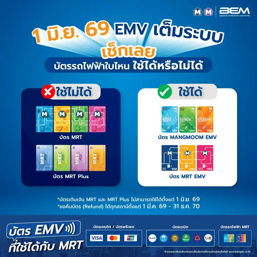 MRT ดีเดย์ 1 มิ.ย.69 ยกเลิกใช้บัตรโดยสารรุ่นเดิม เปลี่ยนสู่ EMV เต็มรูปแบบ