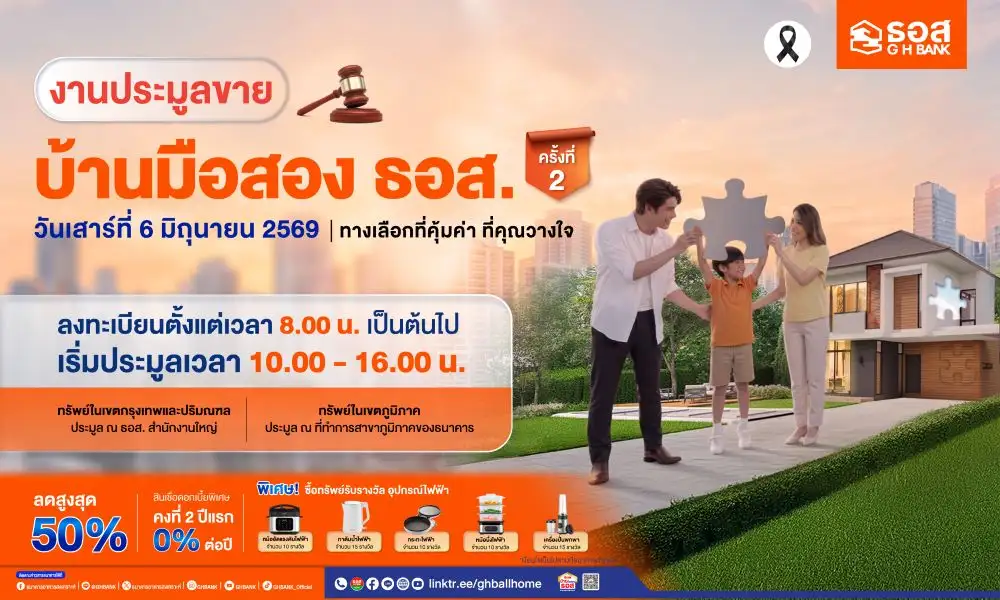 จัดใหญ่กลางปี!! ธอส. เปิดประมูลขายบ้านมือสองนับหมื่นรายการ พร้อมสินเชื่อโปรเด็ด 6 มิ.ย.
