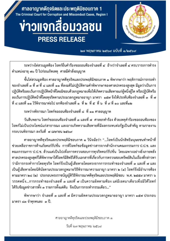 ศาลอาญาฯ สั่งจำคุก 3 ปี อดีตป.ป.ช.