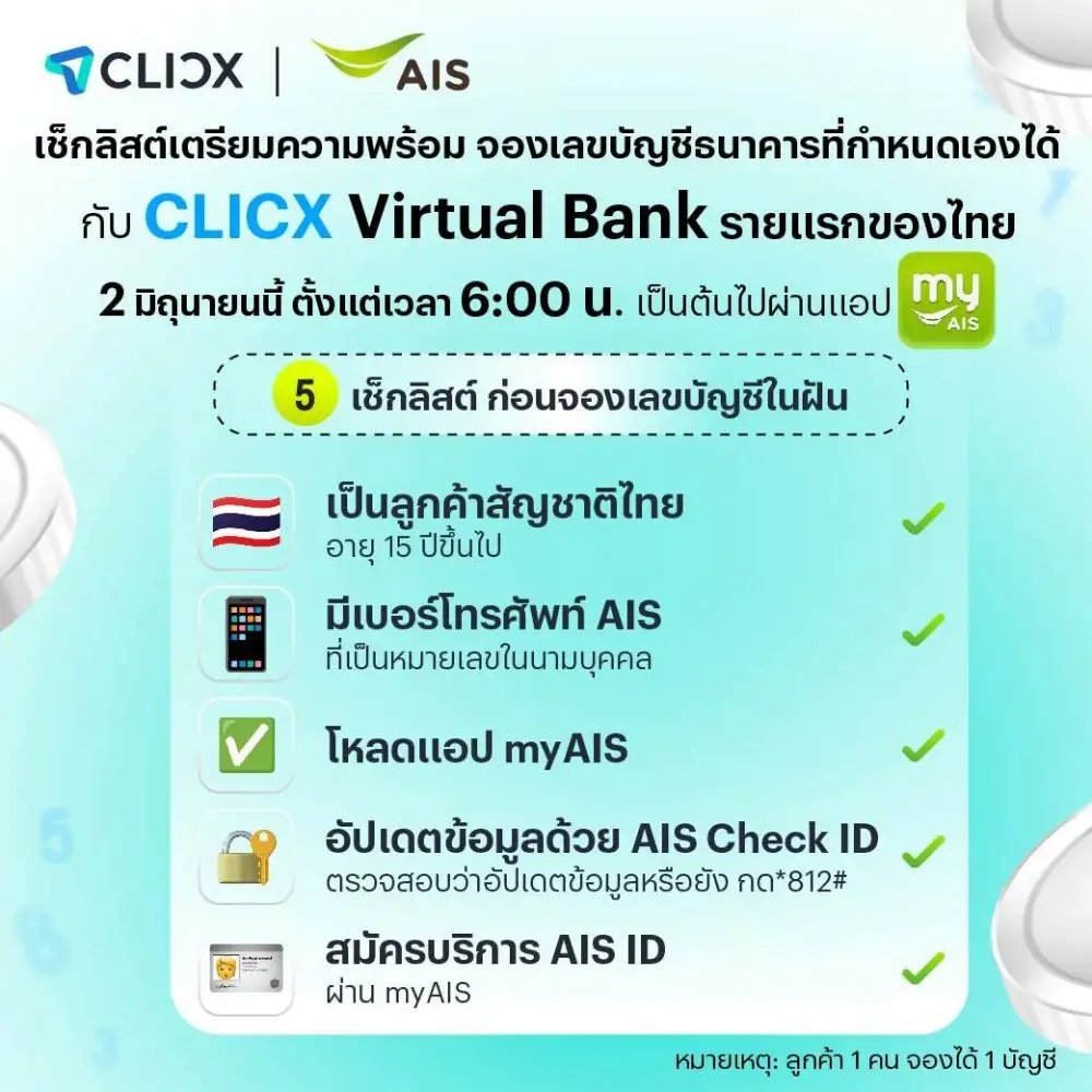 เช็คให้พร้อม 5 ลิสต์ 2 มิ.ย.เริ่ม 6 โมงแบงก์ CLICX เปิดจองเลขบัญชีที่เลือกได้เอง