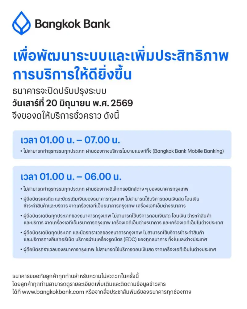 ธนาคารกรุงเทพ แจ้งปิดปรับปรุงระบบชั่วคราว ยกระดับความมั่นคงและเพิ่มประสิทธิภาพการให้บริการลูกค้า