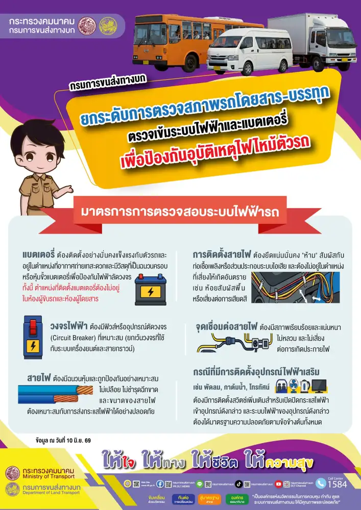 ขนส่งทางบกตรวจเข้มสภาพรถ EV ทั้งระบบไฟฟ้า-แบตเตอรี่ ป้องกันอุบัติเหตุไฟไหม้ตัวรถ