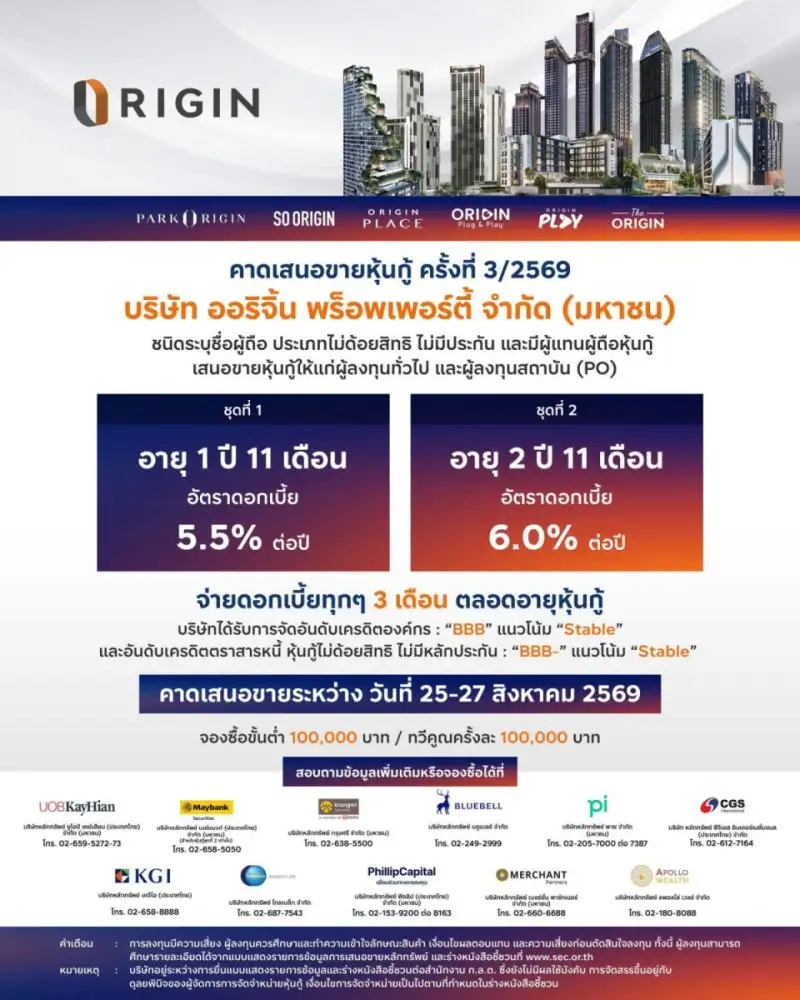 ORI เตรียมเสนอขายหุ้นกู้ล็อตใหม่ครั้งที่ 3/2569