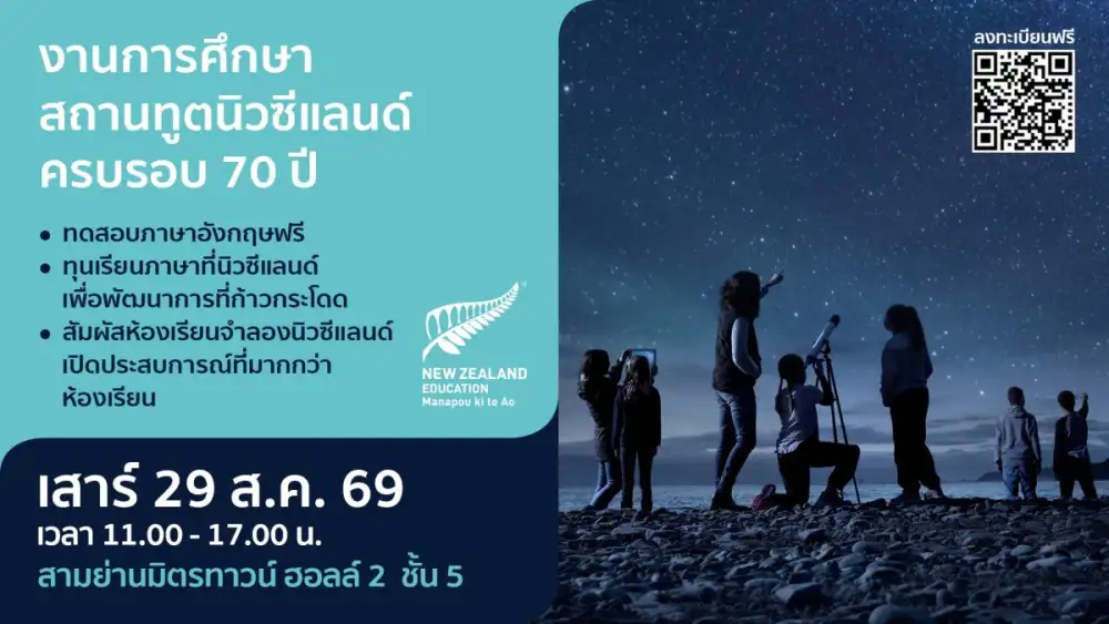 ENZ ชวนร่วมงานการศึกษาสถานทูตนิวซีแลนด์ 2569 พบ 70 สถาบันการศึกษาชั้นนำ ทุนกว่า 2 ล้านบาท และประกาศทุนรัฐบาลเต็มจำนวน