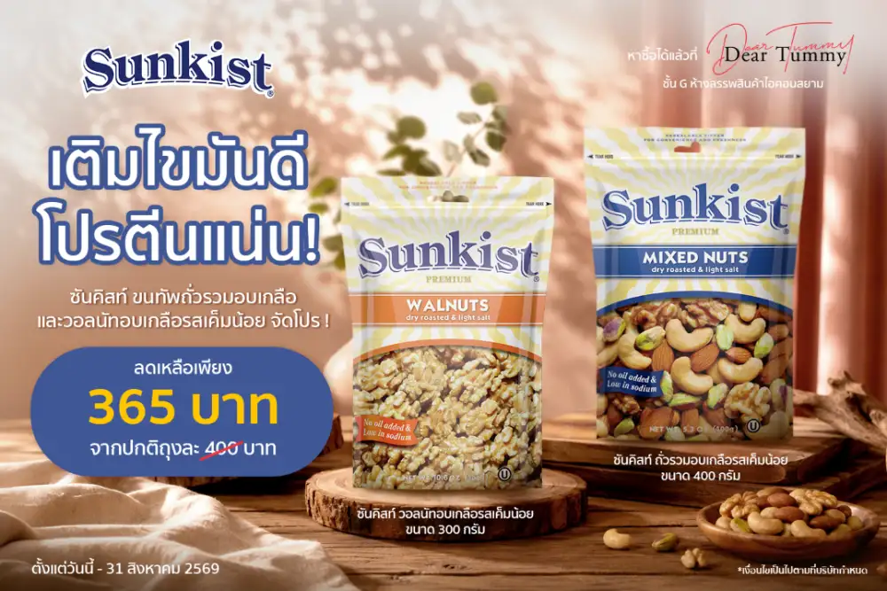 เติมไขมันดี-โปรตีนแน่น! ซันคิสท์ ขนทัพถั่วรวมอบเกลือและวอลนัทอบเกลือรสเค็มน้อย จัดโปรสุดคุ้มถึง 31 ส.ค. 69