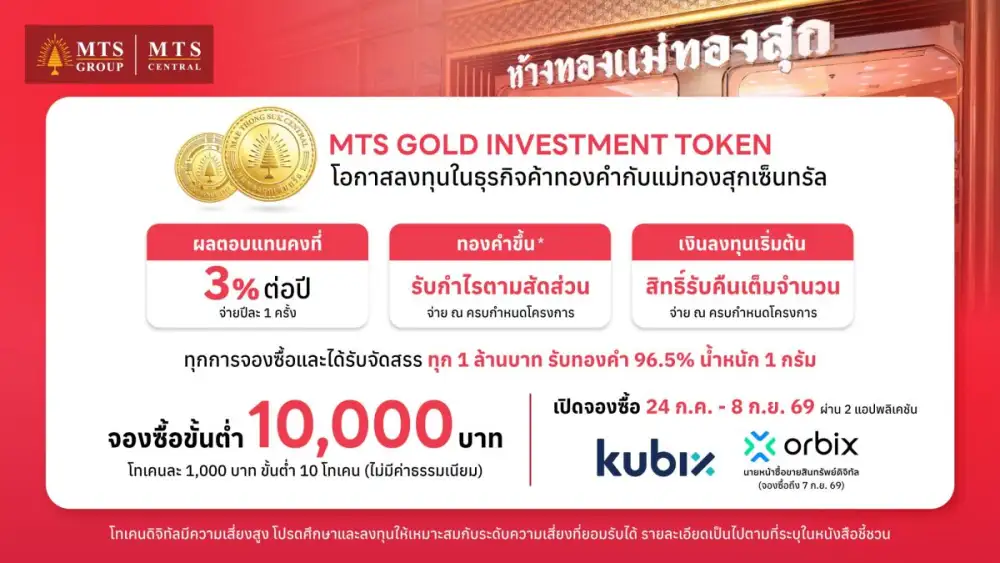 โค้งสุดท้าย MTS Gold Investment Token โอกาสลงทุนธุรกิจค้าทองคำ รับยีลด์ 3% ต่อปี