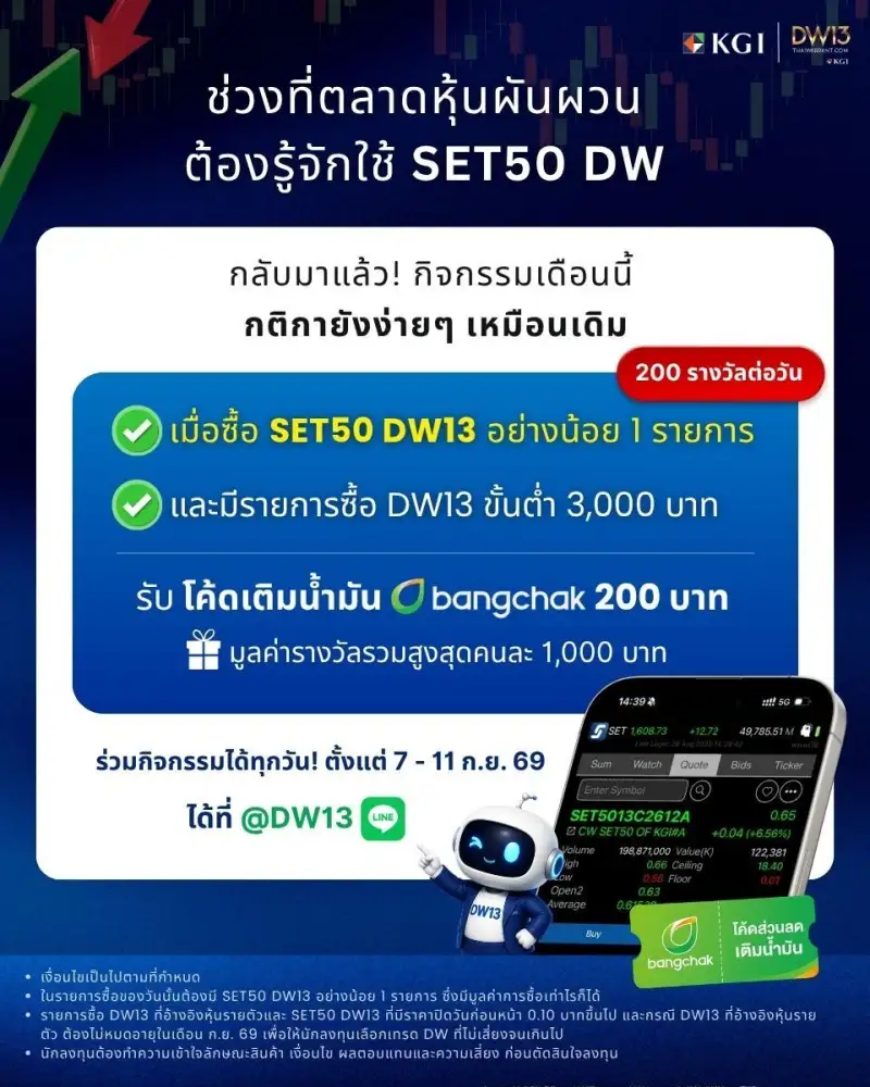 KGI DW13 ชวนร่วมกิจกรรมเดือนกันยายน พร้อมเรียนรู้ SET50 DW รับโค้ดเติมน้ำมัน 200 บาท (200 รางวัลต่อวัน) 7 - 11 ก.ย. นี้