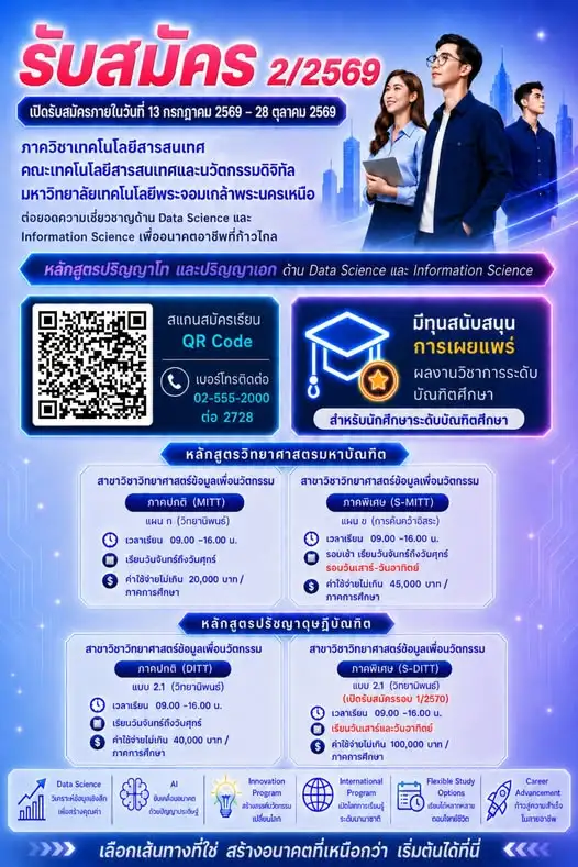 คณะเทคโนโลยีสารสนเทศและนวัตกรรมดิจิทัล มจพ. เปิดรับสมัครนักศึกษา ป.โท-เอก ภาคการศึกษา 2/2569