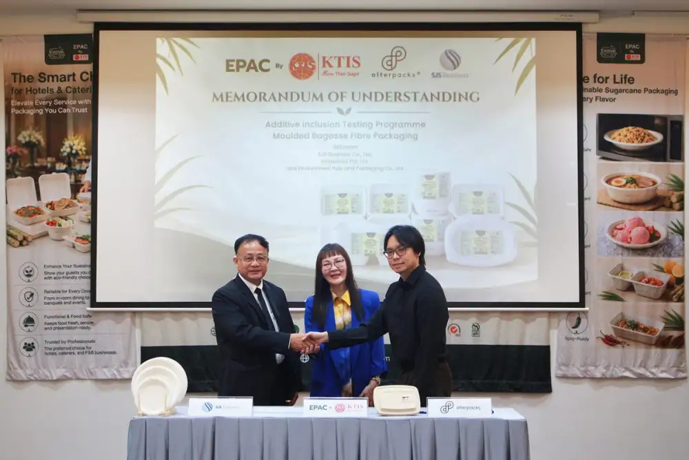 กลุ่ม KTIS ผนึก Alterpacks สิงคโปร์ และ SJS ลงนาม MOU นำเทคโนโลยีนวัตกรรมผลิตบรรจุภัณฑ์ชานอ้อย 100% วัสดุปลอด PFAS ยกระดับความร่วมมือของภูมิภาค ดันแบรนด์