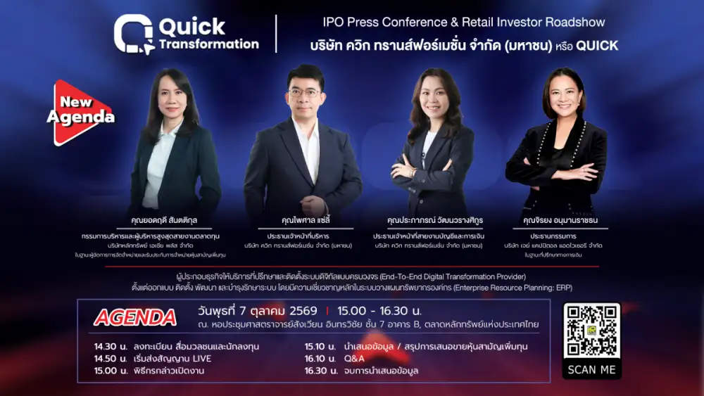 บมจ.ควิก ทรานส์ฟอร์เมชั่น (QUICK) สตาร์ทเครื่องต่อ ลุย IPO Roadshow 7 ต.ค. นี้