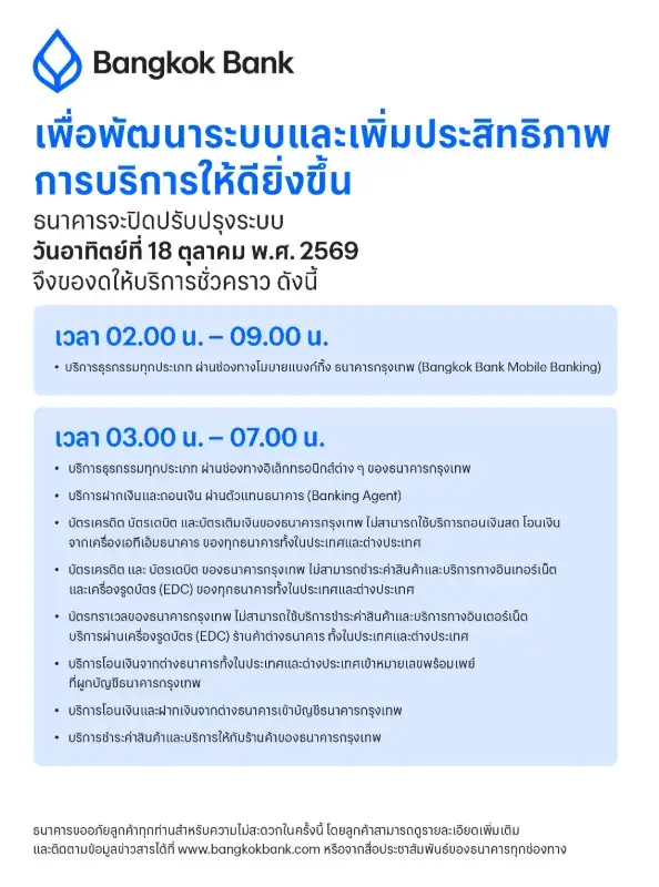 ธนาคารกรุงเทพ แจ้งปิดปรับปรุงระบบชั่วคราว เพื่อเพิ่มประสิทธิภาพการให้บริการลูกค้า