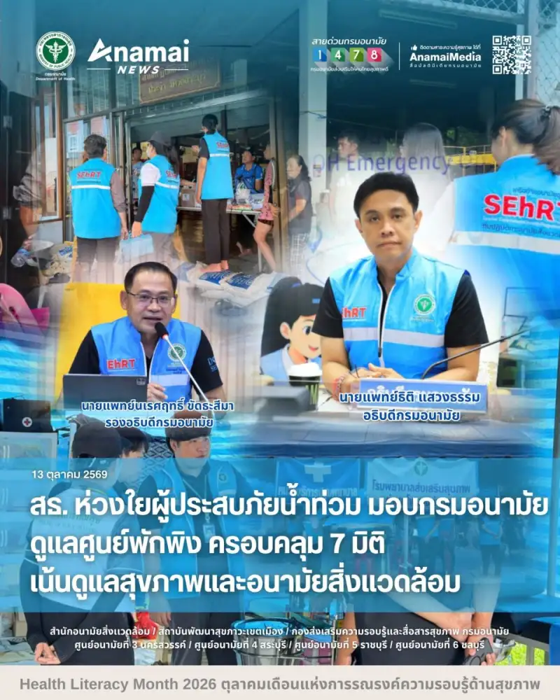 สธ. ห่วงใยผู้ประสบภัยน้ำท่วม มอบกรมอนามัย ดูแลศูนย์พักพิง ครอบคลุม 7 มิติ เน้นดูแลสุขภาพและอนามัยสิ่งแวดล้อม