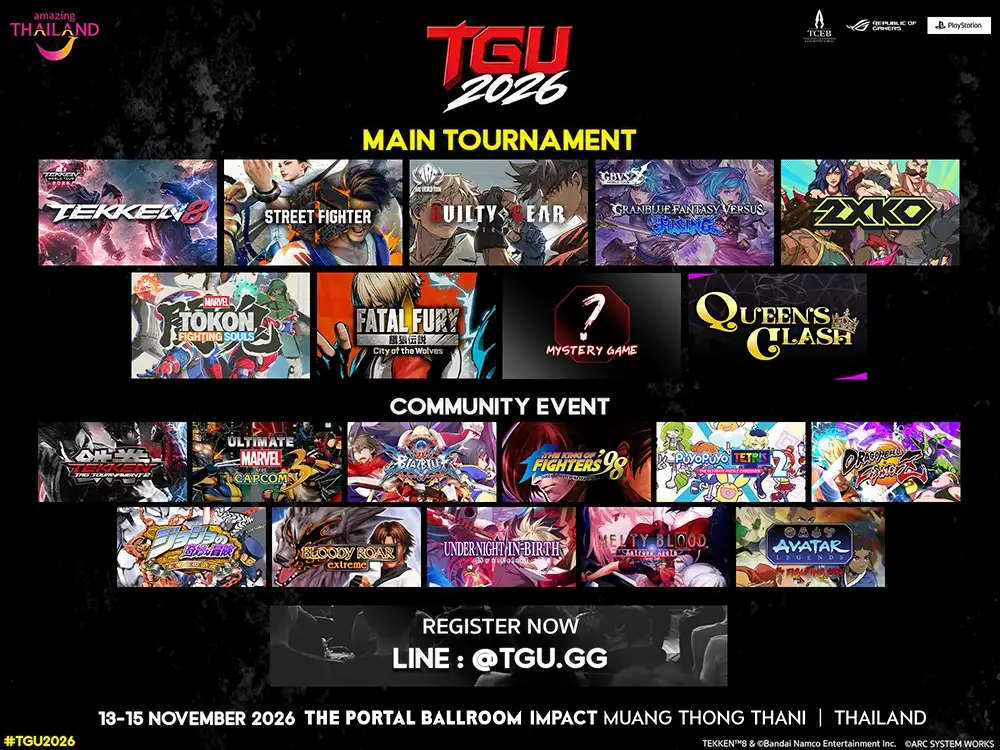 TGU 2026 เตรียมจัดมหกรรมเกมต่อสู้ระดับนานาชาติ 13-15 พ.ย. นี้ ชิงเงินรางวัลกว่า 400,000 บาท พร้อมต้อนรับนักแข่งจากทั่วโลก