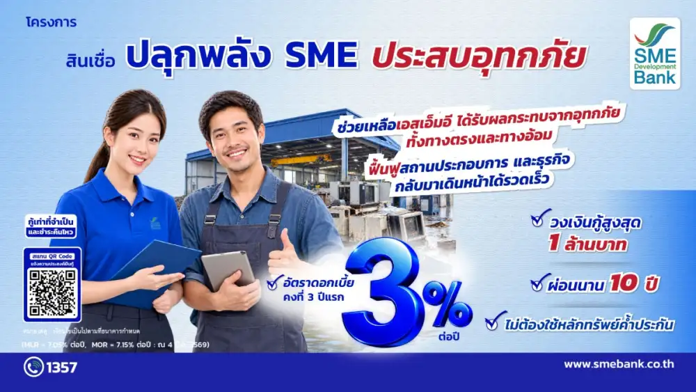 SME D Bank สานต่อความช่วยเหลือ ดัน 'สินเชื่อปลุกพลัง SME ประสบอุทกภัย' เติมทุนดอกเบี้ยต่ำ 3%ต่อปี ไม่ต้องใช้หลักทรัพย์ค้ำประกัน หนุนฟื้นฟูธุรกิจรวดเร็ว